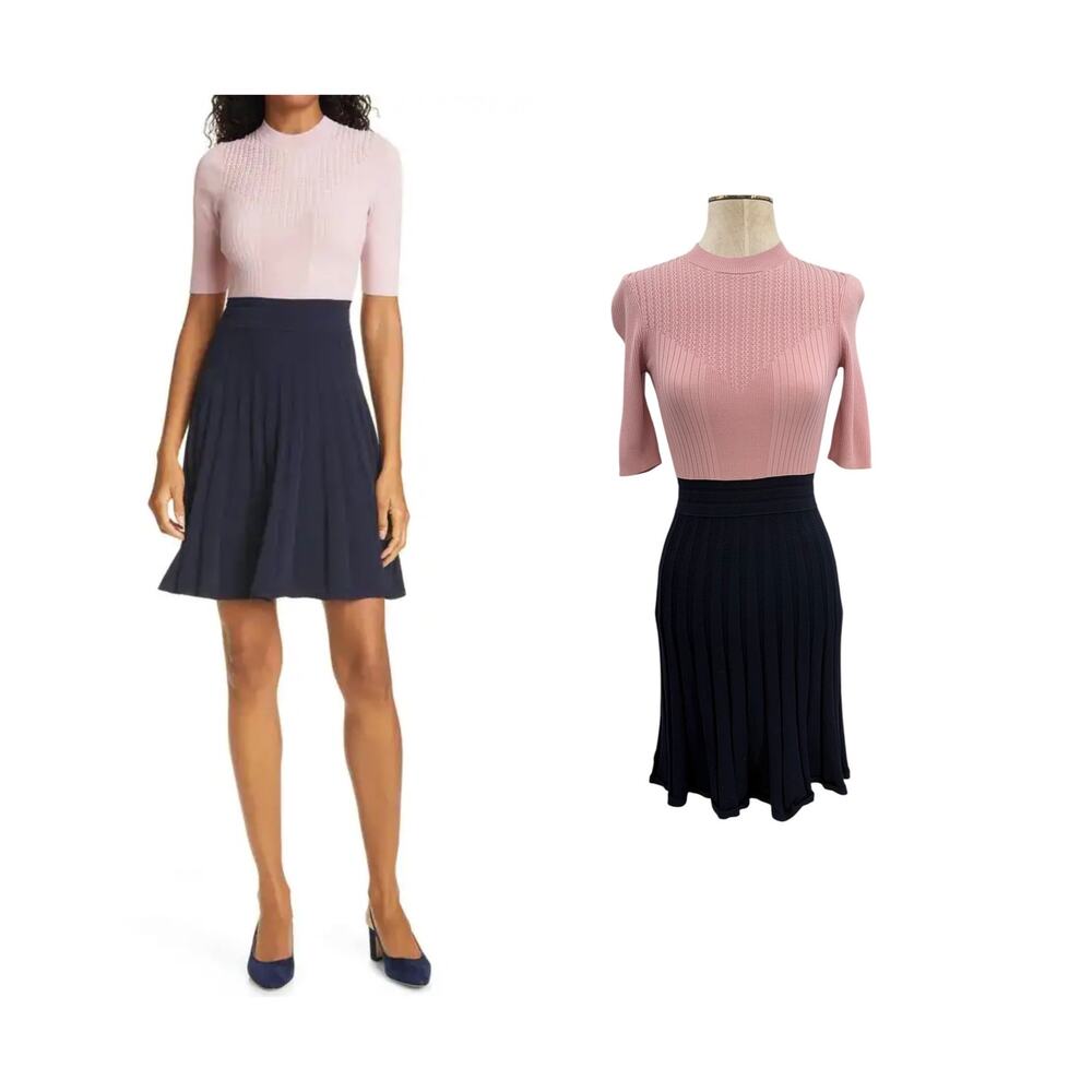 Ted Baker Jaelinn Pink Navy Colorblock Knit Fit Flare Sweater Dress Size 1 US 4